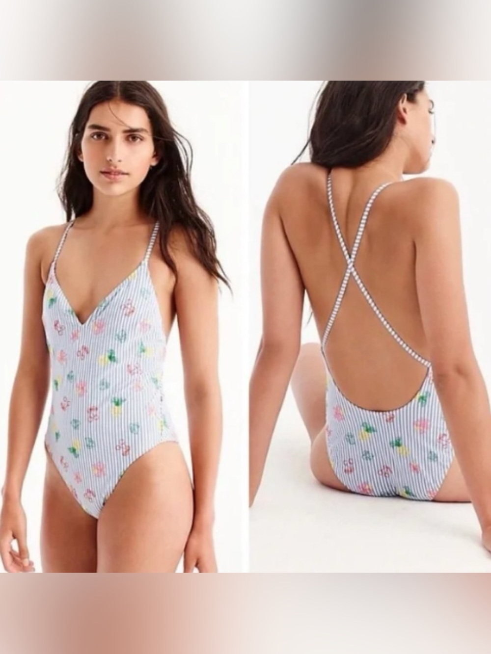J. Crew Seersucker Embroidered Fruit One Piece Swimsuit